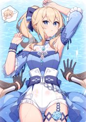 Rule 34 | 1boy, 1girl, aether (genshin impact), arm support, armpits, bare shoulders, black gloves, blonde hair, blouse, blue bow, blue eyes, blue flower, blue rose, blue shirt, blue sleeves, blush, bow, braid, breasts, commentary request, detached sleeves, flower, flying sweatdrops, frilled sleeves, frills, genshin impact, gloves, hair between eyes, hair bow, hetero, high-waist shorts, highres, jean (genshin impact), jean (sea breeze dandelion) (genshin impact), long hair, long sleeves, lying, medium breasts, o o, on back, ponytail, rose, shallow water, shirt, short shorts, short sleeves, shorts, single braid, sleeveless, sleeveless shirt, t@ke-g, water, wet, wet shorts, white shorts