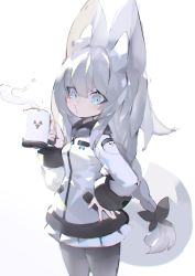 Rule 34 | 1girl, absurdres, animal ear fluff, animal ears, bad id, bad twitter id, black pantyhose, blowing, blue eyes, bow, braid, cowboy shot, cup, fur trim, grey hair, hair between eyes, hair bow, hand on own hip, highres, holding, holding cup, hot drink, jacket, long hair, looking at viewer, mamuru, original, pantyhose, pleated skirt, skirt, solo, steam, tail, twin braids, very long hair, white background, white jacket, white skirt