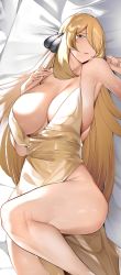 Rule 34 | 1girl, absurdres, bare shoulders, blonde hair, blush, breasts, cleavage, collarbone, creatures (company), cynthia (pokemon), dress, game freak, grey eyes, hair ornament, hair over one eye, highres, large breasts, long hair, looking at viewer, lying, nintendo, on back, pokemon, pokemon dppt, solo, thighs, very long hair, yellow dress, yuuyuu (yuuki1771)
