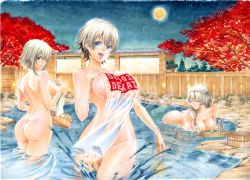 Rule 34 | 3girls, alcohol, architecture, ass, autumn leaves, bare back, basin, bathing, bent over, blue eyes, bottle, breasts, choko (cup), closed eyes, commentary, covering privates, cup, east asian architecture, eyelashes, fang, full moon, hair between eyes, hair over one eye, highres, holding, holding towel, large breasts, light blush, long bangs, long hair, looking at another, looking at viewer, looking back, maple tree, marker (medium), moon, mother and daughter, multiple girls, night, night sky, nude cover, onsen, open mouth, outdoors, partially submerged, pine tree, relaxing, ripples, rodrigo yoshimiya, sake, sake bottle, see-through, short hair, short hair with long locks, siblings, sidelocks, silver hair, sisters, sky, smile, splashing, star (sky), starry sky, stone floor, sugoi dekai, tile roof, towel, towel on head, traditional media, tray, tree, trim marks, uzaki-chan wa asobitai!, uzaki hana, uzaki tsuki, uzaki yanagi, wading, water drop, wet, wooden wall