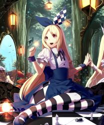 Rule 34 | 1girl, alice (alice in wonderland), alice in wonderland, bad id, bad pixiv id, blonde hair, blouse, broken mirror, cat, checkered floor, chess piece, collared shirt, crack, cracked glass, different reflection, enomaru saku, forest, hair ribbon, high-waist skirt, highres, lantern, long hair, looking to the side, mirror, mushroom, nature, open mouth, original, outdoors, pantyhose, puffy short sleeves, puffy sleeves, red eyes, reflection, ribbon, shingoku no valhalla gate, shirt, short sleeves, sitting, skirt, smile, solo, striped clothes, striped pantyhose, very long hair, white shirt, wrist cuffs, yokozuwari