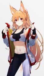Rule 34 | 1girl, a.t. zero, absurdres, animal ear fluff, animal ears, bare shoulders, blonde hair, breasts, collarbone, commission, contrapposto, cowboy shot, crop top, dungeon and fighter, fox ears, hands up, highres, jacket, ellin meiji, large ears, long hair, long sleeves, looking at viewer, medium breasts, midriff, navel, no tail, off shoulder, open clothes, open jacket, pants, parted lips, ponytail, red eyes, shirt, sidelocks, simple background, sleeveless, sleeveless shirt, slit pupils, solo, standing, stomach, sweatband, two-tone shirt, very long hair, white background, white jacket, yoga pants