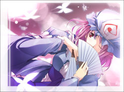 Rule 34 | 1girl, bug, butterfly, covering face, covering own mouth, covering privates, dual wielding, dutch angle, female focus, folding fan, framed, hand fan, hat, holding, insect, one eye closed, pink hair, red eyes, ringo-ame, saigyouji yuyuko, solo, touhou, triangular headpiece, wink