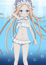 Rule 34 | 1girl, :o, abigail williams (fate), abigail williams (swimsuit foreigner) (fate), abigail williams (swimsuit foreigner) (third ascension) (fate), absurdres, air bubble, arm up, bare arms, bare shoulders, bikini, blonde hair, blue eyes, blush, bonnet, bow, bubble, commentary request, day, fate/grand order, fate (series), feet out of frame, forehead, gluteal fold, groin, hair bow, hand on headwear, highres, jiu (sdesd3205), long hair, navel, outdoors, parted lips, solo, strapless, strapless bikini, swimsuit, twintails, underwater, very long hair, water, white bikini, white bow, white headwear