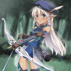 Rule 34 | 1girl, arrow (projectile), bare shoulders, beret, blonde hair, blue eyes, blush, bow (weapon), braid, breath, covered navel, elbow gloves, elf, fingerless gloves, gloves, hat, himedatsu! dungeons lord, kazumasa, kidatsu! dungeons lord, leotard, long hair, looking at viewer, original, petite, pointy ears, quiver, rain, solo, weapon