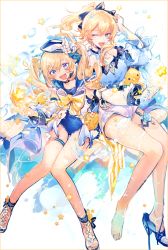Rule 34 | 2girls, ayano (katou), barbara (genshin impact), barbara (summertime sparkle) (genshin impact), blonde hair, blue eyes, blue footwear, blue sailor collar, bow, breasts, detached sleeves, drill hair, flower, genshin impact, hair between eyes, hair ornament, hat, jean (genshin impact), jean (sea breeze dandelion) (genshin impact), long hair, multiple girls, nail polish, official alternate costume, one-piece swimsuit, one eye closed, open mouth, ponytail, rubber duck, sailor collar, sandals, shoes, siblings, simple background, single shoe, sisters, sitting, star (symbol), swimsuit, thigh strap, toenail polish, toenails, twin drills, twintails, water, white background, white flower, yellow bow
