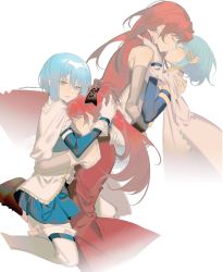 Rule 34 | 2girls, absurdres, blue eyes, blue hair, blue skirt, blue sleeves, breasts, cape, chinese commentary, closed eyes, commentary request, detached sleeves, dress, fortissimo, gloves, hair ornament, hand on another&#039;s shoulder, hand on another&#039;s waist, highres, kiss, long hair, looking at viewer, mahou shoujo madoka magica, mahou shoujo madoka magica (anime), miki sayaka, multiple girls, musical note, musical note hair ornament, parted lips, red dress, red hair, rin lingsong, sakura kyoko, simple background, sitting, sitting on lap, sitting on person, skirt, small breasts, thighhighs, white background, white cape, white gloves, white legwear, yuri