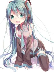 Rule 34 | 1girl, aqua hair, bad id, bad pixiv id, boots, detached sleeves, full body, green eyes, hatsune miku, headphones, long hair, necktie, open mouth, opopowa, skirt, solo, thigh boots, thighhighs, twintails, very long hair, vocaloid, white background