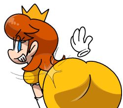 Rule 34 | 1girl, ass, bent over, blue eyes, brown hair, cowboy shot, crown, disembodied hand, dress, elbow gloves, female focus, frilled sleeves, frills, from behind, gloves, grin, happy, huge ass, jaggy lines, looking back, mario (series), medium hair, mini crown, nintendo, orange headwear, princess daisy, puffy short sleeves, puffy sleeves, short sleeves, sidelocks, sideways mouth, simple background, smile, solo focus, spanking, standing, super mario land, teeth, tomboy, v-shaped eyebrows, vilepluff, white background, white gloves, yellow dress