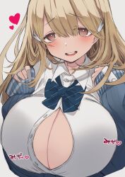 Rule 34 | 1girl, :d, belt pouch, blonde hair, blue bow, blue bowtie, blue jacket, blush, bowtie, breasts, brown eyes, chicken0281, claw ring, cleavage, collared shirt, goddess of victory: nikke, grey background, hair ornament, heart, huge breasts, jacket, long hair, looking at viewer, multiple rings, off-shoulder jacket, off shoulder, open mouth, partially unbuttoned, pencil skirt, pouch, puffy sleeves, ring, shirt, skirt, sleeves past wrists, smile, solo, strap, tia (nikke), white shirt