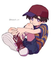 Rule 34 | 1boy, artist name, baseball cap, black hair, child, closed mouth, full body, haru-cho, hat, highres, looking at viewer, male focus, mother (game), mother 2, ness (mother 2), nintendo, purple eyes, shirt, shoes, short hair, short sleeves, shorts, signature, simple background, sitting, smile, sneakers, socks, solo, striped clothes, striped shirt, t-shirt, twitter username, white background