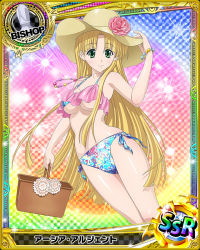 Rule 34 | 10s, 1girl, asia argento, bikini, bishop (chess), blonde hair, blue bikini, bracelet, breasts, card (medium), character name, chess piece, eyebrows, flower, green eyes, hat, high school dxd, holding, jewelry, long hair, looking at viewer, medium breasts, necklace, official art, shiny skin, side-tie bikini bottom, smile, solo, swimsuit, trading card, underboob