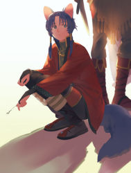Rule 34 | 2boys, animal ears, back-to-back, blue hair, boots, bracelet, bridal gauntlets, fringe trim, frown, grass, hair tubes, highres, holding, idolish7, jacket, jewelry, leg wrap, long sleeves, looking away, looking to the side, male focus, momo (idolish7), multiple boys, outstretched arms, pants, red jacket, sawataki, shadow, short hair with long locks, sidelocks, solo focus, squatting, standing, sword, tail, thighhighs, weapon, white background, yuki (idolish7)