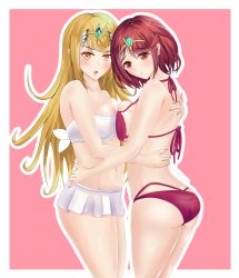 Rule 34 | 2girls, bad id, bad pixiv id, bikini, blonde hair, blush, breast press, breasts, highres, large breasts, long hair, looking at viewer, looking back, medium breasts, multiple girls, mythra (xenoblade), nail polish, navel, nintendo, open mouth, parted lips, pyra (xenoblade), red eyes, red hair, short hair, standing, swimsuit, symmetrical docking, xenoblade chronicles (series), xenoblade chronicles 2, xenoblade chronicles (series), xenoblade chronicles 2, yellow eyes