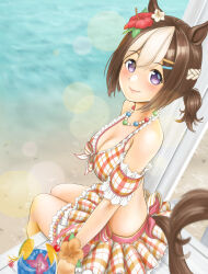 Rule 34 | 1girl, absurdres, animal ears, beach, bead necklace, beads, bikini, bikini skirt, braid, breasts, brown hair, cleavage, closed mouth, commentary, crown braid, cup, day, drinking glass, drinking straw, flower, frilled bikini, frills, from side, hair flower, hair ornament, hairclip, hibiscus, highres, horse ears, horse girl, horse tail, jewelry, lens flare, looking at viewer, looking back, medium breasts, multicolored hair, nao suke, necklace, ocean, official alternate costume, orange bikini, outdoors, plaid, plaid bikini, purple eyes, short hair, sitting, smile, solo, special week (hopping vitamin heart) (umamusume), special week (umamusume), swimsuit, tail, two-tone hair, umamusume, white hair