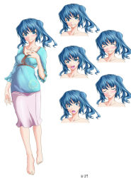 Rule 34 | 1girl, :d, alternate costume, bare shoulders, barefoot, blue eyes, blue hair, casual, character sheet, closed eyes, collarbone, expressions, feet, frills, full body, grin, hand on own chest, head tilt, kawashiro nitori, looking at viewer, matching hair/eyes, multiple views, open mouth, shirasaki (19295604), short hair, simple background, skirt, smile, standing, surprised, sweat, toes, touhou, white background
