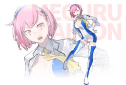 Rule 34 | 1girl, blazer, breasts, character name, cleavage, daimon meguru, detached collar, earrings, eyebrows hidden by hair, hair behind ear, hand on own hip, highres, jacket, jewelry, leaning forward, medium breasts, official art, open mouth, pink eyes, pink hair, short hair, solo, super robot wars, super robot wars dd, thighhighs, transparent background, yasuda suzuhito, yellow neckwear, zoom layer