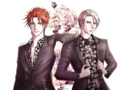 Rule 34 | 2boys, artist name, blonde hair, blue eyes, collar, collarbone, earrings, final fantasy, final fantasy vii, final fantasy vii remake, floral print, flower, formal, green eyes, jewelry, laerel, looking at viewer, male focus, multiple boys, partially unbuttoned, red hair, reno (ff7), rufus shinra, shiny clothes, short hair, signature, simple background, spiked hair, square enix, suit, turks (ff7), twitter username, unbuttoned, unbuttoned shirt, white background, wing collar