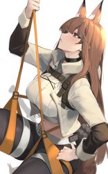 Rule 34 | 1girl, animal ears, arknights, brown eyes, brown hair, choker, climbing, collared jacket, fluffy, fluffy ears, fox ears, fox tail, franka (arknights), franka (rainforest me rainbow) (arknights), harness, highres, jacket, mari0ball, midriff, open clothes, open jacket, rope, shorts, simple background, sleeve cuffs, solo, sweat, tail, thighs, white background
