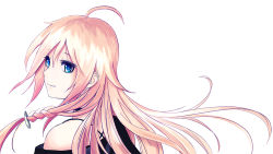 Rule 34 | 1girl, ahoge, black shirt, blonde hair, blue eyes, braid, closed mouth, floating hair, from side, hair between eyes, ia (vocaloid), long hair, portrait, shirt, simple background, smile, solo, very long hair, vocaloid, white background, yuhack