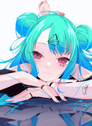 Rule 34 | 1girl, absurdres, aqua hair, black shirt, blue hair, blush, closed eyes, clothing cutout, commentary request, double bun, eyelashes, feet up, goma irasuto, gradient hair, hair bun, hair ornament, hairclip, head tilt, highres, jewelry, long hair, looking at viewer, lying, multicolored hair, on stomach, original, parted bangs, pink eyes, reflective floor, ring, shirt, shoulder cutout, sidelocks, signature, soles, solo, toes, two side up