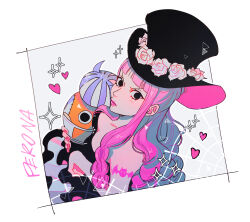 Rule 34 | 1girl, arm tattoo, bat tattoo, black dress, black eyes, braid, commentary, dress, drill hair, eyelashes, flower, frilled dress, frills, from above, hat, heart, highres, holding, holding stuffed toy, kumacy, looking at viewer, one piece, oratoza, perona, pink hair, pink lips, rose, sidelocks, simple background, star (symbol), strapless, strapless dress, stuffed toy, symbol-only commentary, tattoo, top hat, white flower, white rose