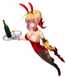 Rule 34 | 10s, 1girl, ahoge, alcohol, alternate costume, animal ears, arm at side, ass, bare shoulders, blonde hair, blue eyes, blush, bottle, braid, breasts, cleavage, closed mouth, covered erect nipples, cup, detached collar, drinking glass, eyebrows, fake animal ears, fate/extra, fate (series), from above, full body, gauntlets, gold trim, green eyes, hair between eyes, hair bun, hair intakes, hairband, high heels, highres, holding, holding sword, holding tray, holding weapon, large breasts, leotard, looking at viewer, nero claudius (fate), nero claudius (fate) (all), nero claudius (fate/extra), pantyhose, playboy bunny, rabbit ears, rabbit tail, red footwear, red leotard, red ribbon, ribbon, shoes, short sword, simple background, single gauntlet, single hair bun, smile, solo, standing, strapless, strapless leotard, sword, tail, taru neko, transparent, tray, weapon, white background, wine, wine bottle, wine glass