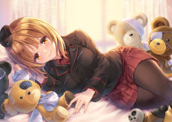 Rule 34 | 1girl, arm support, bed, black jacket, black pantyhose, blush, breasts, brown eyes, brown hair, collared shirt, curtains, curvy, girls und panzer, hat, jacket, large breasts, looking at viewer, lying, makirin, military, military uniform, nishizumi miho, on side, pantyhose, pleated skirt, red shirt, red skirt, shirt, skirt, smile, solo, stomach, stuffed animal, stuffed toy, teddy bear, thighs, uniform, wide hips, window
