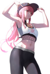 1girl armpits baseball_cap black_hat black_leggings crop_top earrings hair_behind_ear hat highres hololive hololive_english hoop_earrings jewelry leggings long_hair m/ midriff mori_calliope mori_calliope_(streetwear) navel pink_eyes pink_hair ponytail virtual_youtuber wei_hua_(vlad_3) white_background