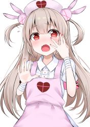 Rule 34 | &gt; &lt;, 1girl, absurdres, apron, armband, blush, center frills, collared shirt, fang, fingernails, flying sweatdrops, frills, hair between eyes, hair ornament, hand on own face, hashiko nowoto, hat, heart, highres, light brown hair, long hair, nail polish, natori sana, nose blush, nurse cap, open mouth, pink apron, pink hat, puffy short sleeves, puffy sleeves, rabbit hair ornament, red eyes, red nails, sana channel, shirt, short sleeves, simple background, skirt, solo, two side up, very long hair, virtual youtuber, white background, white shirt, white skirt