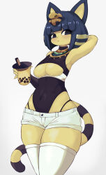 Rule 34 | 1girl, :&lt;, absurdres, alternate costume, animal crossing, animal ears, animal nose, ankha (animal crossing), arm behind head, arm up, armpits, bare shoulders, black eyes, black leotard, black panties, blonde hair, blue eyeshadow, blue hair, blunt bangs, blush, bob cut, body fur, breasts, bubble tea, cat ears, cat girl, cat tail, closed mouth, clothing cutout, covered navel, cowboy shot, cup, disposable cup, drink, drinking straw, eyeshadow, female focus, furry, furry female, grey background, hair ornament, highleg, highleg panties, highres, holding, holding cup, holding drink, large breasts, leotard, leotard under clothes, looking at viewer, makeup, micro shorts, multicolored hair, nintendo, panties, pinky out, short hair, shorts, sidelocks, simple background, skindentation, snake hair ornament, solo, standing, striped tail, tail, thick thighs, thighhighs, thighs, two-tone hair, underboob, underboob cutout, underwear, usekh collar, white shorts, white thighhighs, wide hips, yellow fur, yoru (yoru vida)