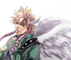 Rule 34 | 1boy, bad id, bad pixiv id, blonde hair, caesar anthonio zeppeli, facial mark, feather hair ornament, feathers, fingerless gloves, gloves, green eyes, green jacket, feather hair ornament, headband, jacket, jojo no kimyou na bouken, kanmuri, kanmuri (cloud-ff7), male focus, scarf, solo, wings