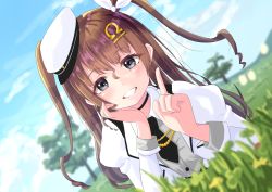 Rule 34 | 1girl, absurdres, arms up, black choker, black necktie, blue sky, blurry, blurry background, blurry foreground, brown hair, choker, clover (flower), coat, day, dutch angle, flower, grass, grey eyes, grin, hair ornament, hat, head rest, highres, index finger raised, indie virtual youtuber, libra (symbol), long hair, long sleeves, looking at viewer, lying, necktie, on ground, open clothes, open coat, outdoors, sailor hat, sena (illust sena), shirt, sky, smile, solo, tenbin hinami, tree, very long hair, virtual youtuber, white coat, white shirt