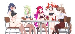Rule 34 | 5girls, alternate costume, angelchama, animal ear fluff, animal ears, antlers, asymmetrical legwear, black bra, black hair, black panties, blue bra, blue eyes, blue hair, blue panties, blush, bra, braid, breasts, brown corset, brown eyes, brown hair, can, card, ceres fauna, chair, cleavage, cleavage cutout, closed eyes, closed mouth, clothing cutout, commentary, corset, embarrassed, english commentary, feather hair ornament, feathers, green hair, hair intakes, hair ornament, hakos baelz, heterochromia, highres, holding, holding can, holding card, holocouncil, hololive, hololive english, horns, irys (hololive), kneehighs, large breasts, long hair, looking at another, medium breasts, mouse ears, mouse girl, multicolored hair, multiple girls, nanashi mumei, navel, on chair, open mouth, ouro kronii, panties, pink eyes, playing card, pleated skirt, pointy ears, poker, poker chip, ponytail, purple bra, purple hair, purple panties, red hair, red skirt, shirt, short hair, side braid, simple background, single kneehigh, single sock, single thighhigh, sitting, skirt, smile, smug, socks, standing, stomach, streaked hair, strip game, strip poker, table, thighhighs, twintails, underwear, underwear only, very long hair, virtual youtuber, white background, white hair, white shirt, yuri