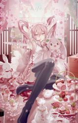 Rule 34 | 1girl, 39, absurdly long hair, bare shoulders, black thighhighs, boots, box, cake, cake slice, character doll, cherry blossom print, cherry blossoms, cherry hair ornament, commentary, cream, cup, cupcake, dango, dated, dessert, detached sleeves, doll, expressionless, fence, floral print, flower, food, food-themed hair ornament, fruit, hair between eyes, hair flower, hair ornament, hatsune miku, headset, high heels, highres, holding, holding doll, holding tray, ice cream, knee up, leaf, liita (dusk snow), long hair, looking at viewer, macaron, miniskirt, nail polish, necktie, open mouth, peach, petals, pink eyes, pink flower, pink hair, pink nails, pink neckwear, pink skirt, pink sleeves, pink theme, pleated skirt, rabbit, rabbit yukine, rice, sakura miku, sanpati (style), sanshoku dango, sekihan (tradition), shirt, sitting, sitting on hair, skirt, sleeveless, sleeveless shirt, smile, snow rabbit, solid oval eyes, strawberry, stuffed toy, sundae, swiss roll, symbol-only commentary, tea, teacup, teapot, thigh boots, thighhighs, tiered tray, tray, tree, twintails, very long hair, vocaloid, wafer stick, wagashi, white shirt, wooden floor, zettai ryouiki