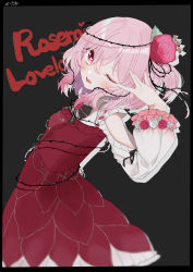 Rule 34 | 1girl, absurdres, arm cutout, black bow, blush, bow, breasts, brown eyes, character name, dress, from side, head tilt, heart, heart in eye, highres, kagenone, looking at viewer, medium hair, nijisanji, nijisanji en, one eye closed, open mouth, plant, red dress, rosemi lovelock, rosemi lovelock (1st costume), short sidetail, small breasts, solo, symbol in eye, thorns, vines, virtual youtuber, w
