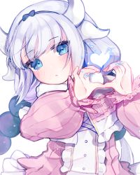 Rule 34 | 1girl, blue eyes, blush, child, commentary request, dragon girl, dragon horns, dress, electricity, eyelashes, forehead, frilled dress, frills, grey hair, hair bobbles, hair ornament, heart, heart hands, highres, horns, kanna kamui, kobayashi-san chi no maidragon, long sleeves, looking at viewer, low twintails, open mouth, parted lips, pinky out, puffy long sleeves, puffy sleeves, sidelocks, simple background, solo, sparkle, tantan (xrvf2288), thick eyelashes, twintails, upper body, white background, white hair