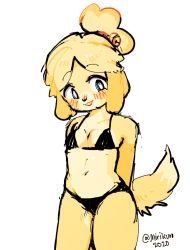 Rule 34 | 1girl, :3, alternate costume, animal crossing, animal ears, arms behind back, artist name, bare shoulders, bell, bikini, black bikini, black eyes, blonde hair, blush, breasts, collarbone, cowboy shot, dated, dog ears, dog tail, female focus, furry, furry female, hair bell, hair ornament, hair tie, happy, hatomura miri, highres, isabelle (animal crossing), jingle bell, looking to the side, navel, nintendo, nose blush, open mouth, short hair, signature, simple background, sketch, small breasts, smile, solo, standing, stomach, swimsuit, tail, topknot, twitter username, white background