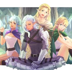 Rule 34 | 2boys, 2girls, aqua hair, armor, belt, belt buckle, black belt, blonde hair, breasts, buckle, cape, closed mouth, commentary request, dark-skinned female, dark-skinned male, dark elf, dark skin, elf, eltolinde, gauntlets, green cape, green eyes, hair between eyes, hair intakes, highres, ithilion (unicorn overlord), leotard, lhinalagos (unicorn overlord), long hair, looking at viewer, medium breasts, multiple boys, multiple girls, open mouth, pauldrons, pointy ears, purple cape, riou (pooh920), rosalinde (unicorn overlord), shoulder armor, siblings, sisters, sitting, smile, strapless, strapless leotard, teeth, tree, unicorn overlord, upper teeth only, very long hair, white hair, white leotard
