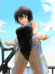 Rule 34 | 1girl, amagami, black eyes, black hair, black one-piece swimsuit, blouse, breasts, closed mouth, cloud, cloudy sky, competition swimsuit, highres, light rays, looking at viewer, medium breasts, nanasaki ai, one-piece swimsuit, open clothes, open shirt, outdoors, short hair, sky, smile, solo, swimsuit, swimsuit under clothes, undressing, yoo tenchi
