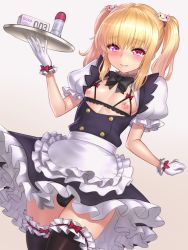 Rule 34 | 1boy, apron, artificial vagina, bad id, bad pixiv id, black panties, black thighhighs, blonde hair, blush, bottle, bow, bra, bulge, condom box, crossdressing, cupless bra, frilled thighhighs, frills, gloves, gradient background, hair ornament, holding, lotion bottle, maid, male focus, nipples, no bra, open clothes, open shirt, original, panties, pink eyes, revision, sex toy, shirt, sidelocks, skirt, solo, thighhighs, trap, tray, twintails, underwear, waist apron, white gloves, yapo (croquis side), zettai ryouiki