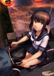 Rule 34 | 1girl, bag, bicycle, black legwear, blue skirt, blush, breasts, brown hair, closed mouth, collarbone, commentary request, fireworks, from above, fubuki (kancolle), green eyes, hair between eyes, highres, ichikawa feesu, kantai collection, lantern, looking at viewer, looking up, medium breasts, night, outdoors, pleated skirt, revision, riding, riding bicycle, school uniform, serafuku, shoes, short hair, short sleeves, sidelocks, skirt, sky, smile, solo, water, white footwear