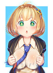 Rule 34 | 1girl, absurdres, american flag, american flag print, black jacket, blonde hair, blue background, blush, border, breasts, cleavage, collared shirt, flag print, girls&#039; frontline, grabbing own breast, green eyes, hand on own chest, highres, jacket, large breasts, looking at viewer, m1911 (girls&#039; frontline), medium hair, necktie, open mouth, see-through, see-through cleavage, shirt, solo, sparkling eyes, takechii, wet, wet clothes, white border, white shirt