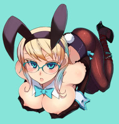 Rule 34 | 1girl, :o, animal ears, blonde hair, blue eyes, blush, bow, bowtie, breast hold, breasts, elbow gloves, fake animal ears, full body, glasses, gloves, high heels, kusanagi tonbo, large breasts, leotard, nipple slip, nipples, original, pantyhose, playboy bunny, rabbit ears, rabbit tail, shoes, short hair, simple background, solo, tail, topless