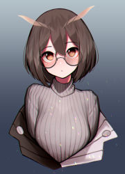 Rule 34 | 1girl, absurdres, arknights, beudelb, black-framed eyewear, blush, brown hair, closed mouth, cropped torso, glasses, gradient background, grey background, grey sweater, highres, looking at viewer, orange eyes, round eyewear, short hair, silence (arknights), solo, striped, sweater, upper body, vertical stripes