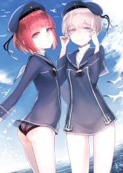 Rule 34 | 10s, 2girls, ass, bad id, bad pixiv id, bird, black panties, blonde hair, blue eyes, hat, kantai collection, lace, lace-trimmed panties, lace trim, looking at viewer, multiple girls, panties, pokan (xz1128), red eyes, red hair, seagull, short hair, underwear, z1 leberecht maass (kancolle), z3 max schultz (kancolle)