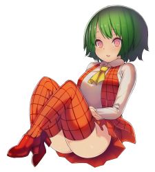 Rule 34 | 1girl, adapted costume, ascot, ass, blush, collared shirt, full body, green hair, high heels, kazami yuuka, long sleeves, looking at viewer, miniskirt, no panties, open clothes, open mouth, open vest, pink eyes, plaid, plaid legwear, plaid vest, red footwear, shirt, shoes, short hair, skirt, smile, solo, thighs, touhou, vest, white shirt, zuttokodomo