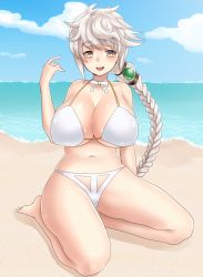 Rule 34 | 10s, 1girl, alternate costume, arm at side, asymmetrical hair, bare shoulders, barefoot, beach, bikini, blush, braid, breasts, cleavage, covered erect nipples, day, huge breasts, jitome, kantai collection, keita (tundereyuina), long hair, looking at viewer, navel, open mouth, silver hair, single braid, sitting, sky, smile, solo, stomach, swimsuit, underboob, unryuu (kancolle), very long hair, wariza, white bikini, yellow eyes