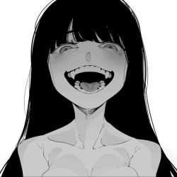 Rule 34 | artist request, bare shoulders, blush, evil smile, fangs, gesugao, greyscale, grin, monochrome, non-web source, sharp teeth, smile, source request, teeth