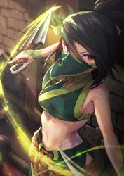 Rule 34 | 1girl, absurdres, akali, bare shoulders, black hair, breasts, brick wall, corpse, crop top, dagger, fingerless gloves, full-body tattoo, gloves, green gloves, green mask, green shirt, hair between eyes, highres, holding, holding dagger, holding knife, holding weapon, knife, kunai, league of legends, mask, mouth mask, navel, ninja mask, oops, red eyes, reverse grip, rope belt, shirt, short ponytail, shoulder tattoo, slashing, sleeveless, sleeveless shirt, small breasts, solo, stomach, tattoo, toned, v-shaped eyebrows, weapon